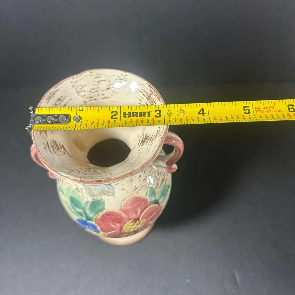 Italia Vase Cream Hand Painted Floral Double Handle Amphora‎ Vintage Italy 7in